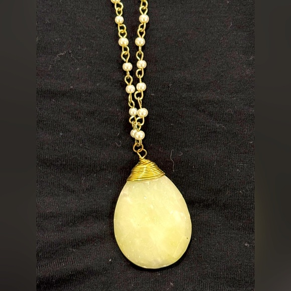 Long Pearl & Gold Chain Necklace with Large Teardrop Stone Pendant - Picture 1 of 3
